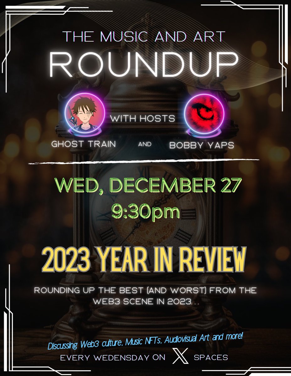 💥 Back from a crazy holiday break and ready for

The Music &amp; Art Roundup

Tonight at 9:30pm EST

This week @BobbyYapsNFT &amp; I
are chatting wins &amp; fails from Web 3 in 2023 

and what's next for 2024 🔮

Unrecorded and open discussion, as always.

Set a reminder in the comments 👇