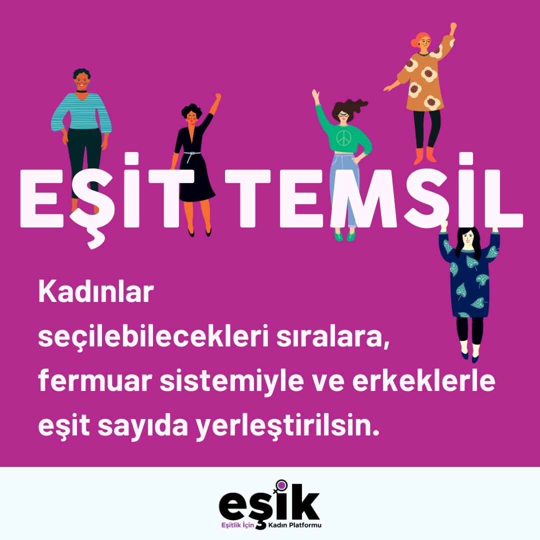 esik_platform's tweet photo. #EşitlikiçinKadınPlatformu
olarak yerel seçimlerde #eşittemsilistiyoruz

➡️ 2019 Yerel seçimlerinde  yerel yönetimlerde kadın temsil oranı yalnızca yüzde 3’tür. Oysa, demokrasinin temel koşullarından birisi eşit temsildir. 

➡️ Eşit temsil sağlanması için adayların en az yüzde 50’si kadın olmalıdır.

➡️ Kadınlar seçilebilme olasılığı yüksek il,ilçe ve beldelerden aday gösterilmelidir.

➡️ İl genel meclisi ve belediye meclisi üyelikleri için bir kadın, bir erkek olmak üzere fermuar yöntemi uygulanmalıdır.

#EşitTemsil
#KadınAday