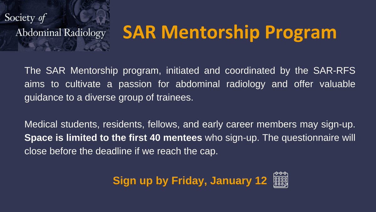 Time to sign up for the #SARMentorship Program as a mentee! ⏰
If interested, please respond to the mentee questionnaire by January 12, 2024. 
Space is limited to the first 40 mentees! 
The questionnaire will close before the deadline if we reach the cap! tinyurl.com/fbmjfr9f
