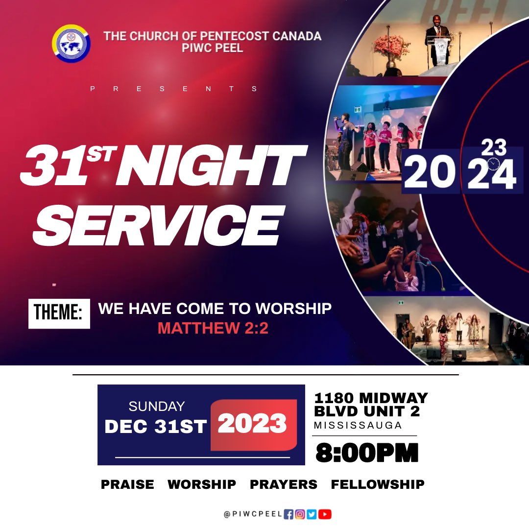 ⏰🔥WATCH NIGHT SERVICE🔥⏰

Theme : We have come to WORSHIP
Matthew 2:2

This Sunday All Roads Leads to 
1180 Midway Blvd Unit #2, Mississauga ON 🤍

Morning Service 10AM ⏱️
Evening Service 8PM ⏱

Join us as we enter the new year in the presence of God🙌🏾
 #Watchnight  #service