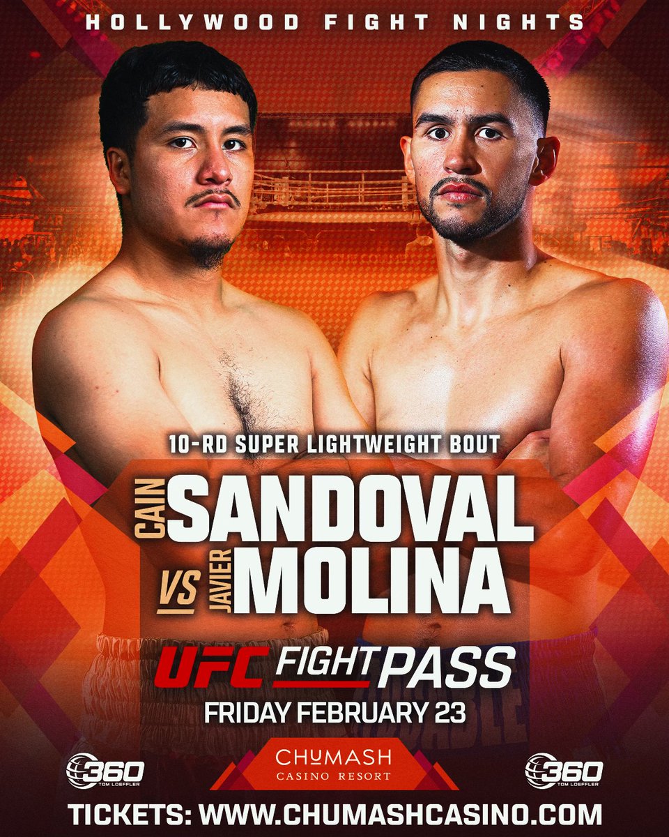 BernieBahrmasel's tweet photo. Fight Announcement!! 
Cain Sandoval (11-0, 11 KOs) vs. 
@javiermolina562 (22-5, 9 KOs) -
Outstanding 10-Round Super Lightweight Clash
Added to #HollywoodFightNights Event
on Feb. 23 at @chumashcasino &amp; LIVE on 
@UFCFightPass 
Tickets Now On-Sale! https://t.co/ajANSi5Bld