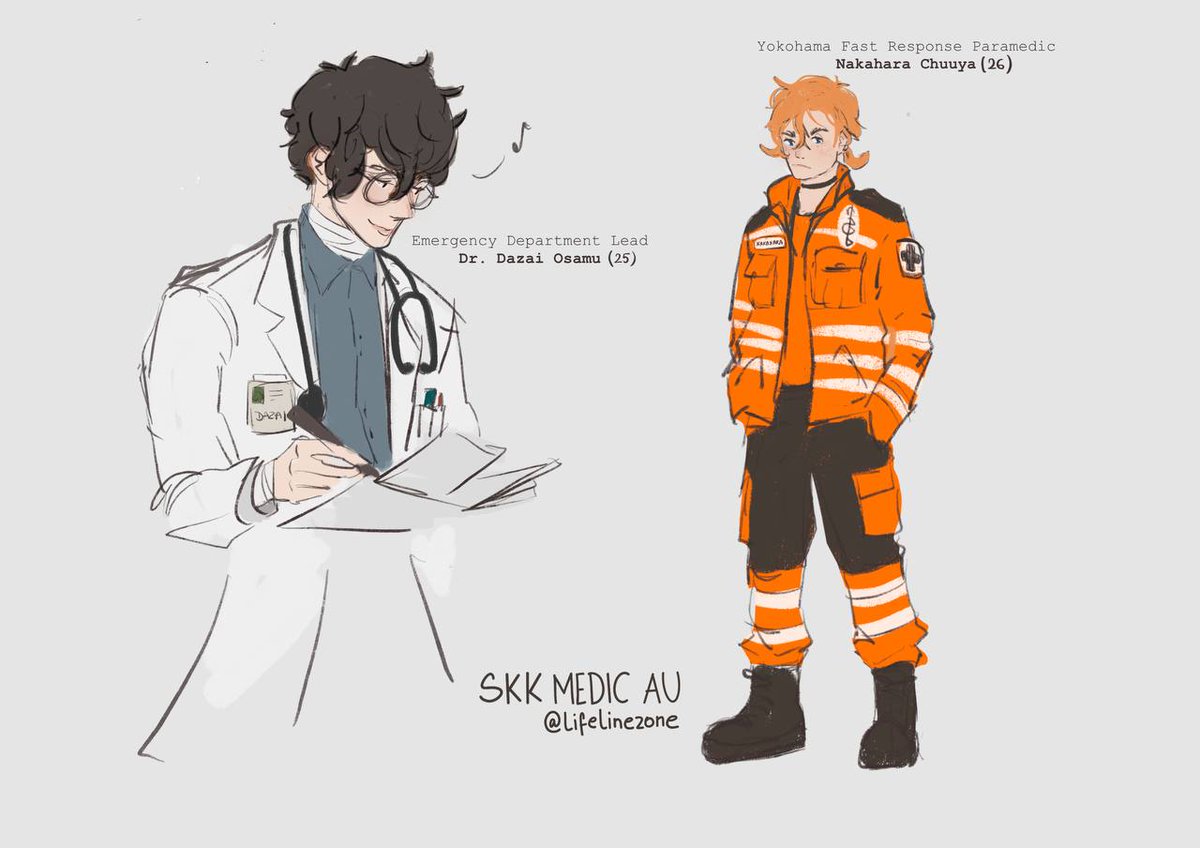 lifelinezone's tweet photo. skk medic au where Chuuya is a new paramedic at Yokohama Hospital and Dazai is the ER lead doctor (1/5) https://t.co/euer4WiZji