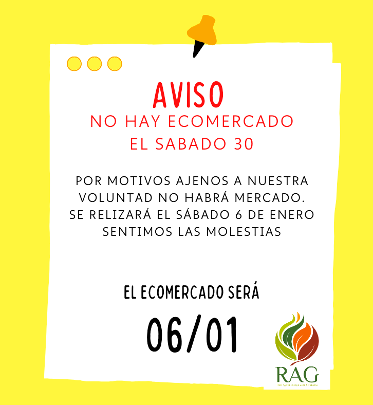Este sábado 30 de diciembre no hay Ecomercado, lo realizaremos el sábado 6 de enero. Disculpen las molestias.