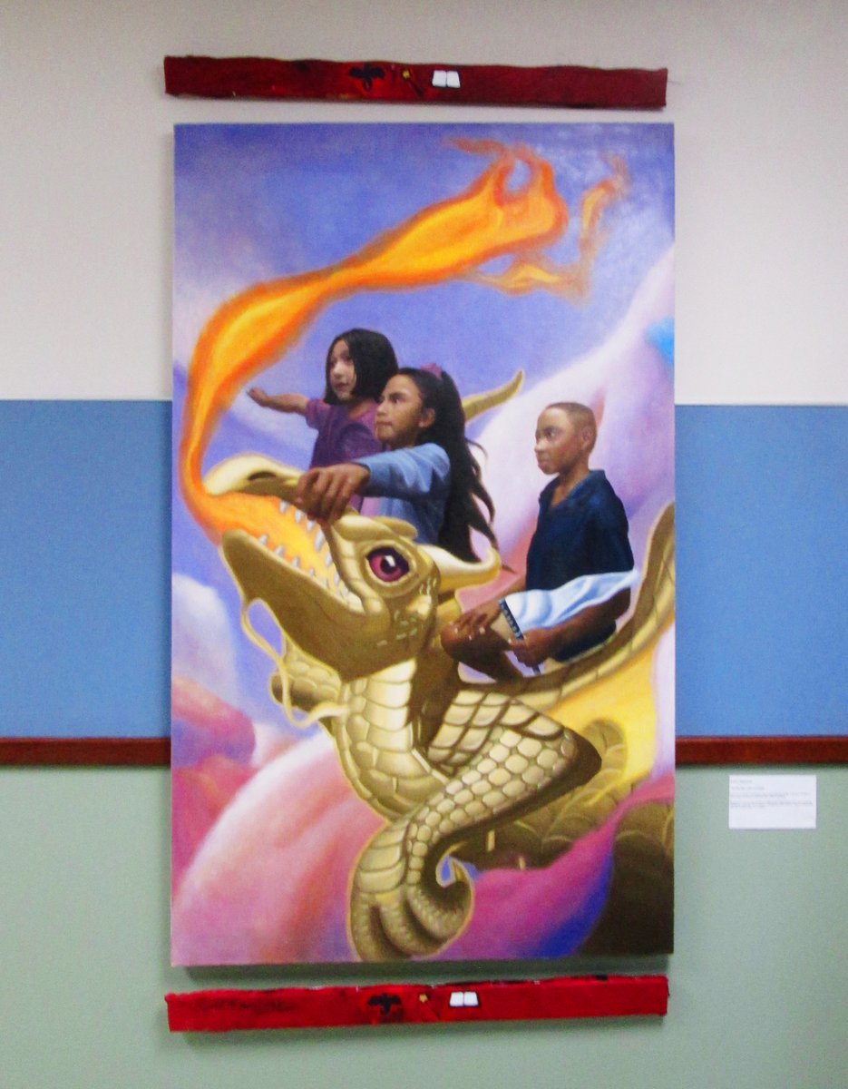 ArthurHaywood's tweet photo. Paintings installed in MacArthur Elementary School and Phoenix Rising High School in Tulsa,OK. 

Each painting depicts students from the school inside of fantasy stories to encourage students to dive into the world of reading. Students helped paint on the borders.
#fantasy #mural https://t.co/mfXiuL2e65