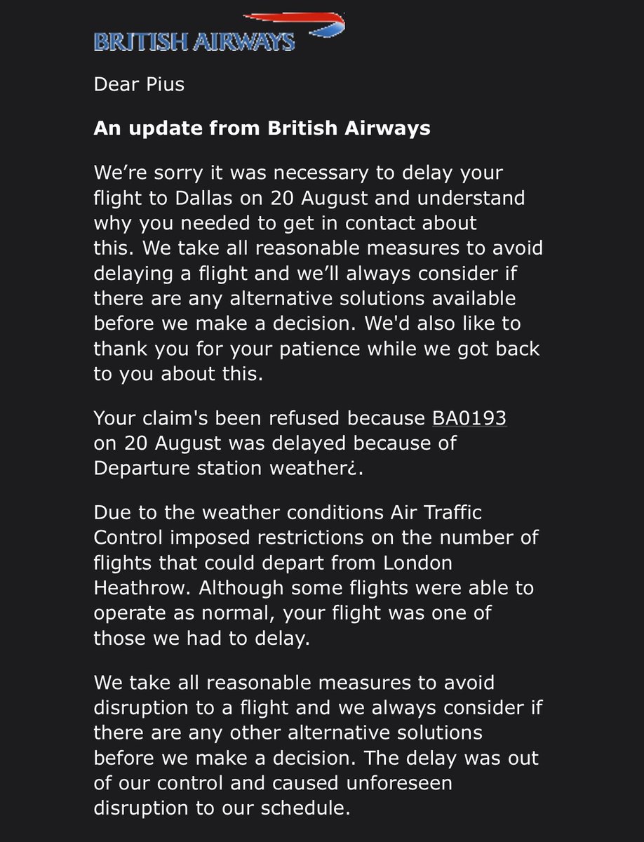 PiusOmene's tweet photo. 🎄 Holiday PSA: If an airline denies you compensation without proof and the facts seem off, don't just accept it!

Always advocate for yourself - you might end up like me going from ‘delay caused by weather’ to full settlement simply by filing a lawsuit against the airline. In this case in the UK - it was tough but worth it.

#KnowYourRights #HolidayTravel ✈️🧳"
