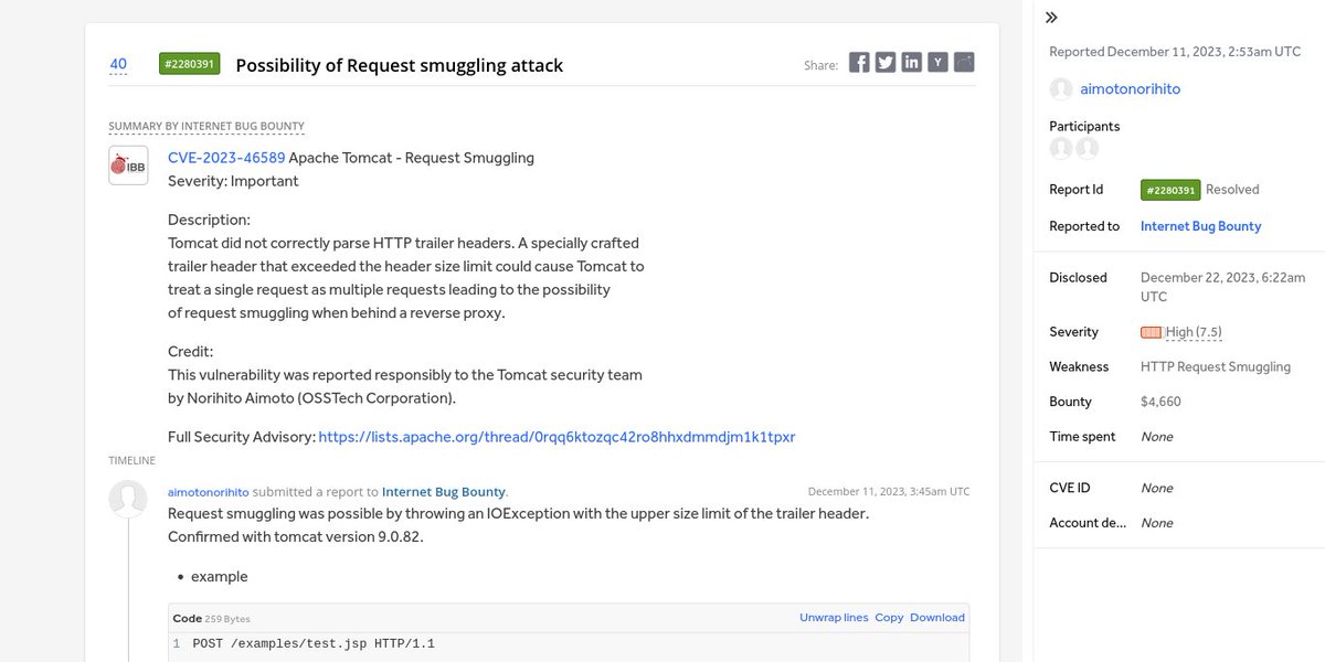 h1Disclosed's tweet photo. ⚡ Possibility of Request smuggling attack 
👨🏻‍💻 aimotonorihito ➟ Internet Bug Bounty 
🟥 High
💰 $4,660
🔗 https://t.co/FQG290gg2J
#bugbounty #bugbountytips #cybersecurity #infosec https://t.co/QostmtxmMn