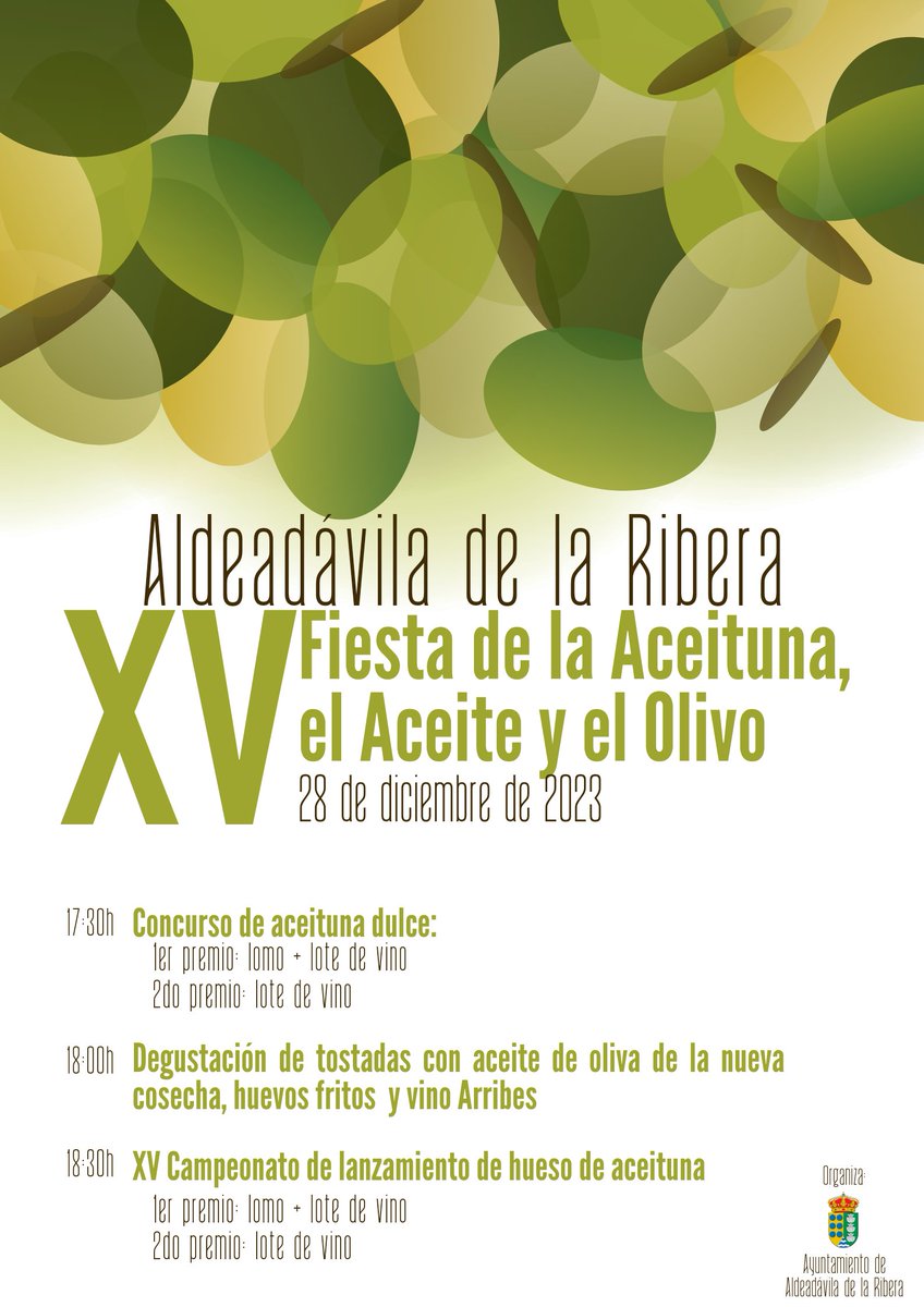 Recuerda que mañana celebramos la 🫒XV Fiesta de la Aceituna, el Aceite y el Olivo🫒

Prepara tus aceitunas dulces, y práctica el lanzamiento del hueso, que puedes llevarte premio😝

¡Te esperamos!😊

📍Bajos del centro cultural 
🕟A partir de las 17:30h