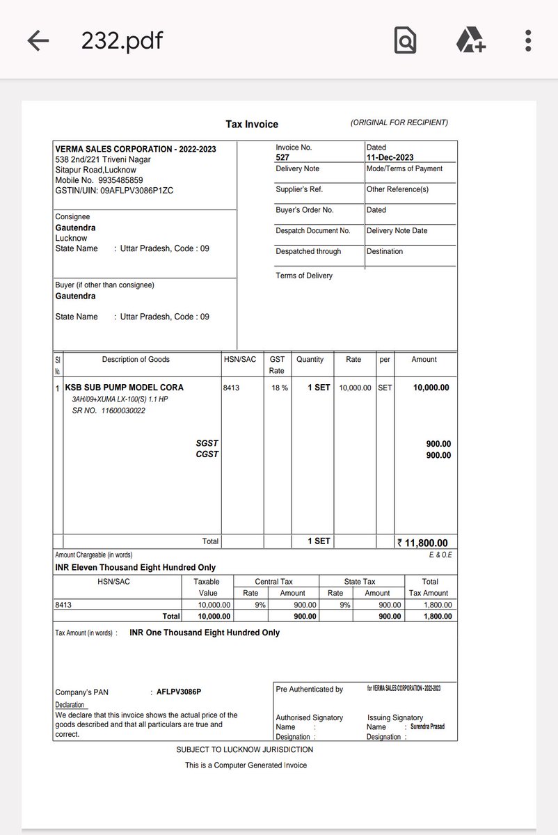 pklko1995_kumar's tweet photo. @KSBcompany I bought one motor of your company.
And i went in R K Engineering KSB Sales in Lucknow of Uttarpradesh,they are misbahving with us and they are not professional.i provided everything still they are not responding from 23rd December.plz find the attachment of bill also. https://t.co/Jug5NNwMdY