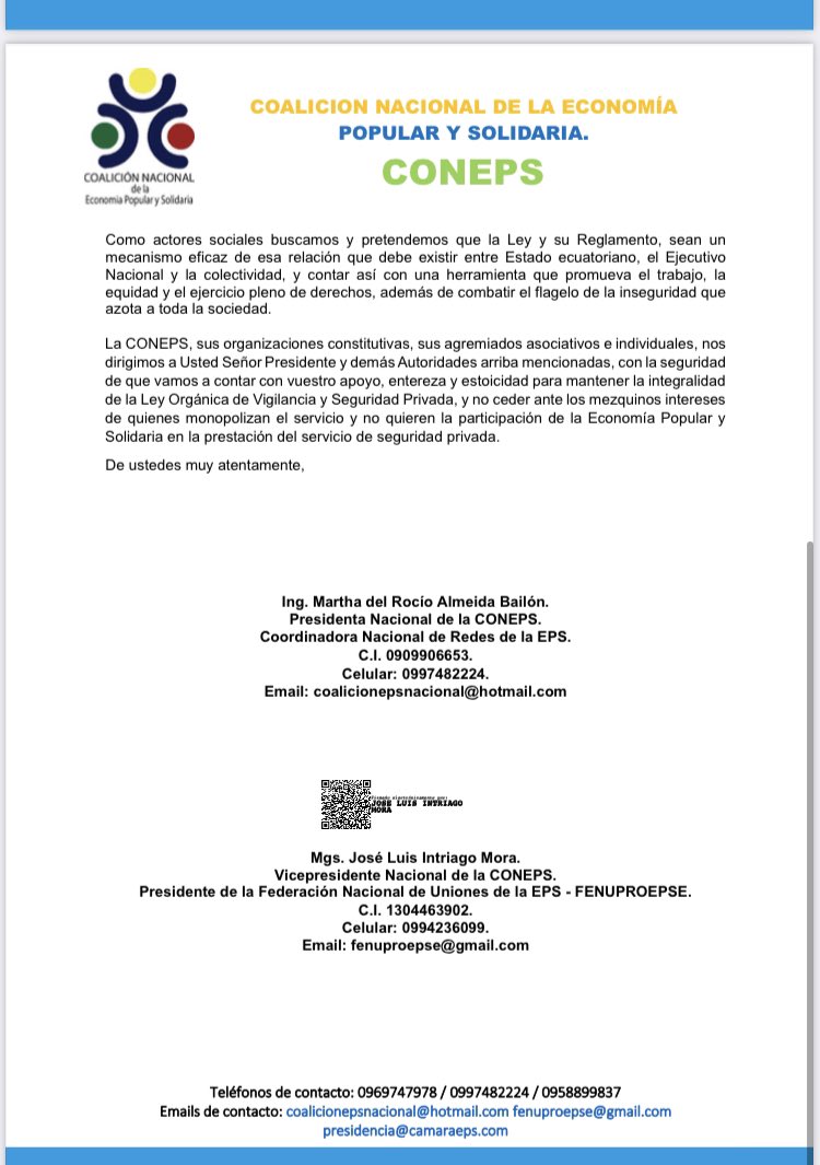 FENASPE1's tweet photo. 🔴🔴🔴
Sr.Presidente @DanielNoboaOk conjuntamente con organizaciones d economía popular y solidaria #CONEPS, decimos #NO al “monopolio” los servicios d #SegPrivada
Solicitamos la aprobación #INTEGRA d la #LeySegPrivada q pretende ser trastocada x interés oscuros
@Palencia3Monica https://t.co/RcDyL7wkJ9