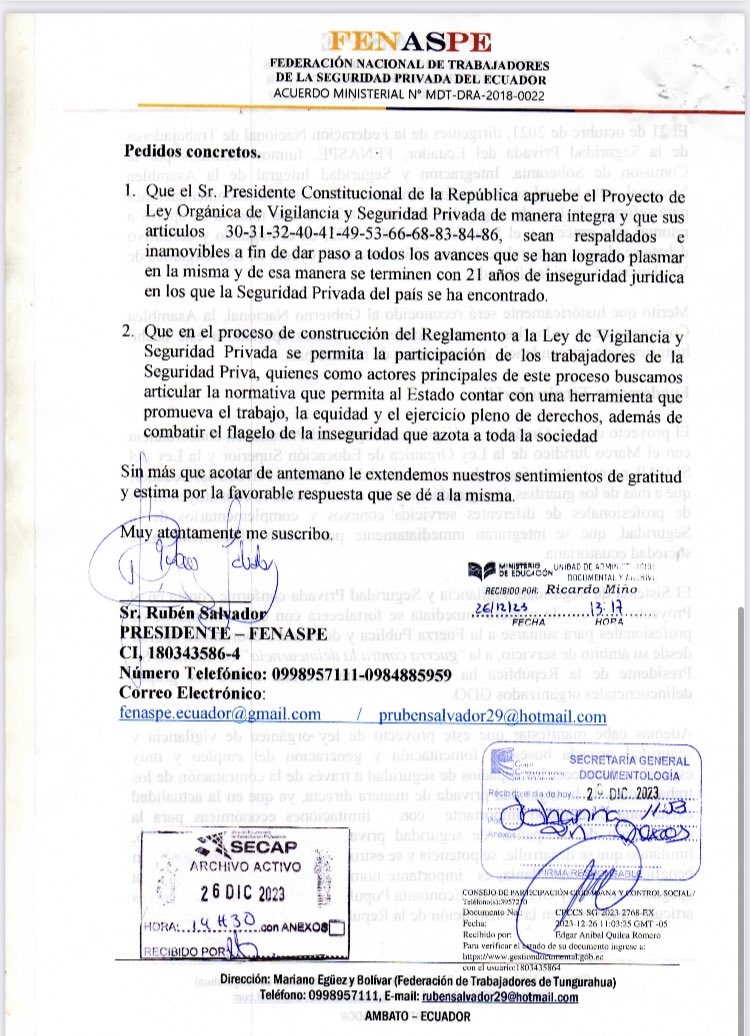 FENASPE1's tweet photo. 🔴🔴🔴
Sr.Presidente @DanielNoboaOk conjuntamente con organizaciones d economía popular y solidaria #CONEPS, decimos #NO al “monopolio” los servicios d #SegPrivada
Solicitamos la aprobación #INTEGRA d la #LeySegPrivada q pretende ser trastocada x interés oscuros
@Palencia3Monica https://t.co/RcDyL7wkJ9