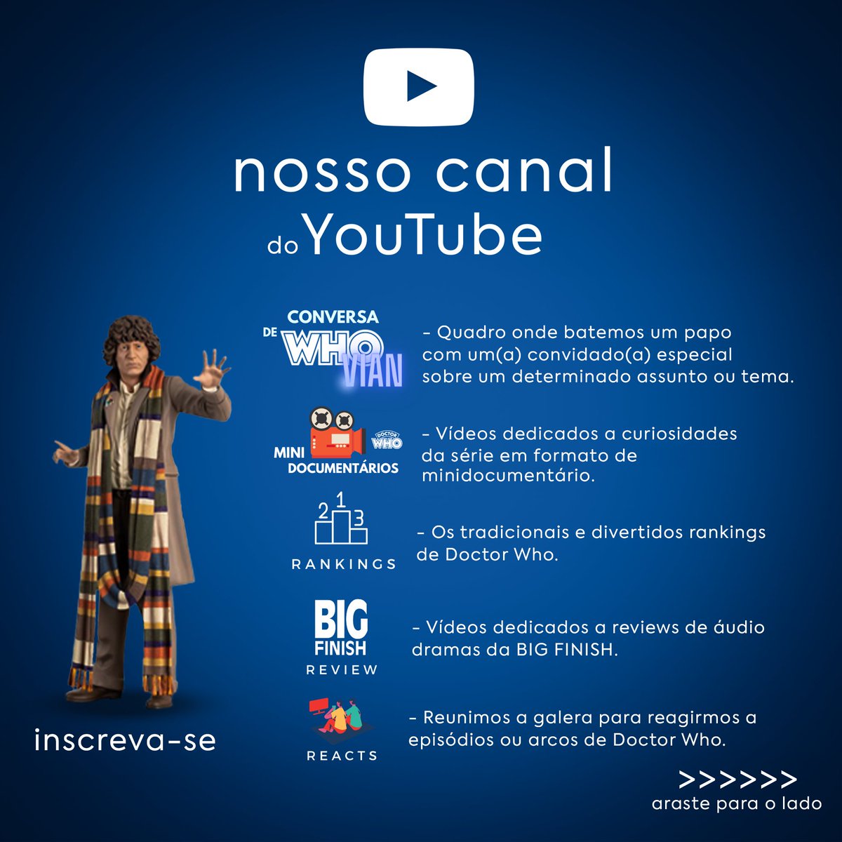 ETARDISDemais's tweet photo. Olá! Eu sou o Knupp (@knuppmello) criador e dono do É TARDIS Demais. Por meio dessa publicação convido vocês conhecerem meus conteúdos dedicados aos fãs brasileiros de Doctor Who. Caso goste, inscreva-se no canal do YouTube e segue a gente! =) https://t.co/70ncBVdwAr