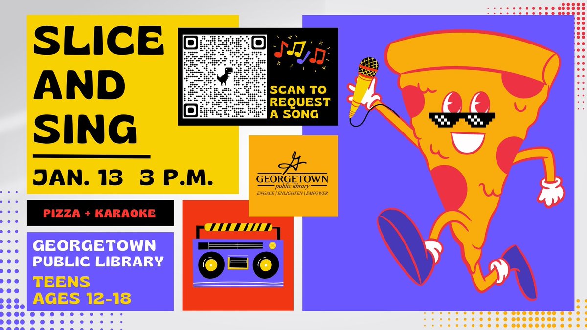 GTPublicLibrary's tweet image. 📅 Save the date: Jan. 13, 3 p.m.! 🍕🎤 Teens, join us at the Library for the ultimate “Sing and Slice” pizza and karaoke extravaganza. Get ready for a slice of the action and a chorus of fun! 🍕 Request a song here: forms.gle/mV4q59RJCua6Tq…

#LibraryParty
