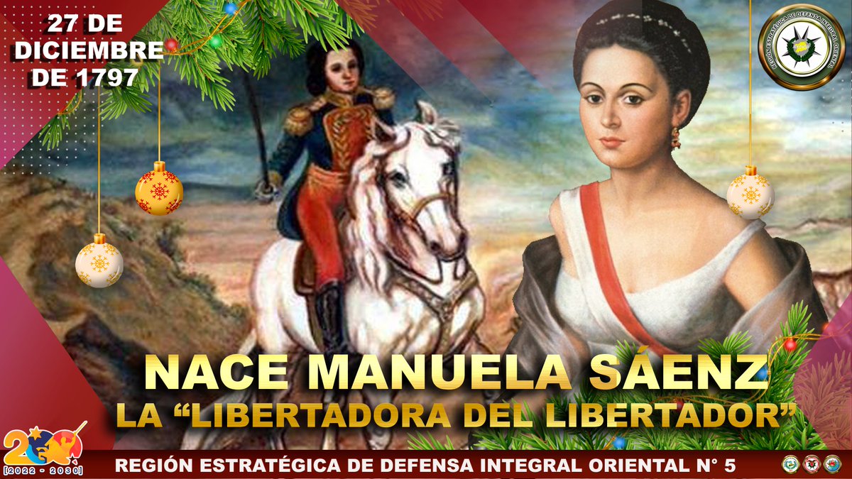 Manuela Sáenz nace en Quito el #27Dic de 1797, fue una política y militar ecuatoriana, prócer de la independencia hispanoamericana, igualmente recibió el título de Libertadora que le otorgó Bolívar al salvarle la vida durante la conspiración Septembrina en Bogotá.

#NavidadEsAmor