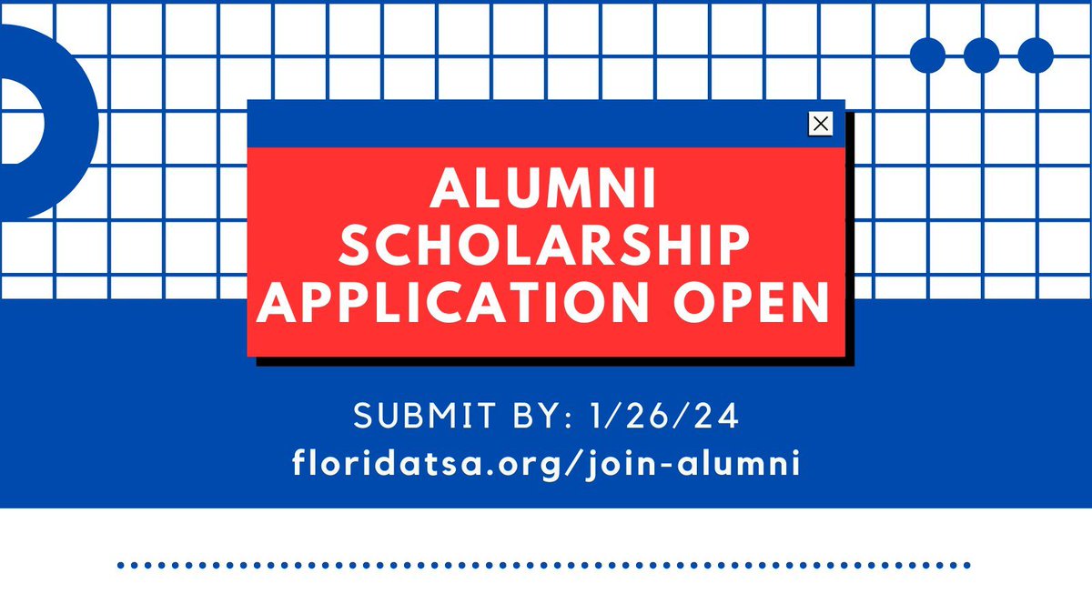 Florida TSA (@fltsa) on Twitter photo ‼️ Attention Alumni: Make sure to submit your application for the $500 Alumni Scholarship! 
Applications must be submitted to tsa@justinlauer.net by January 26, 2024! Go to buff.ly/3NEHdJh for the form for submission. ‼️ Attention Alumni: Make sure to submit your application for the $500 Alumni Scholarship! 
Applications must be submitted to tsa@justinlauer.net by January 26, 2024! Go to buff.ly/3NEHdJh for the form for submission.