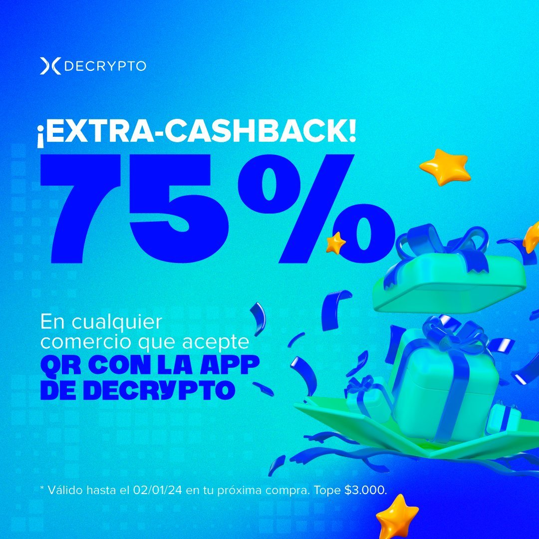 DECRYPTO_la's tweet photo. 🔥 ¡75% DE EXTRA CASHBACK!
🎁 Cada pago con QR que realices hasta el 02/01/24, sumás una oportunidad para ganar premios de hasta $500 USD. 🤑
Descargá la app ahora, usá tu 75% EXTRA CASHBACK y acumulá chances de ganar $500 USD.
#sorteos #USDT #Decrypto #USDRIF https://t.co/LkIY8P2vd6