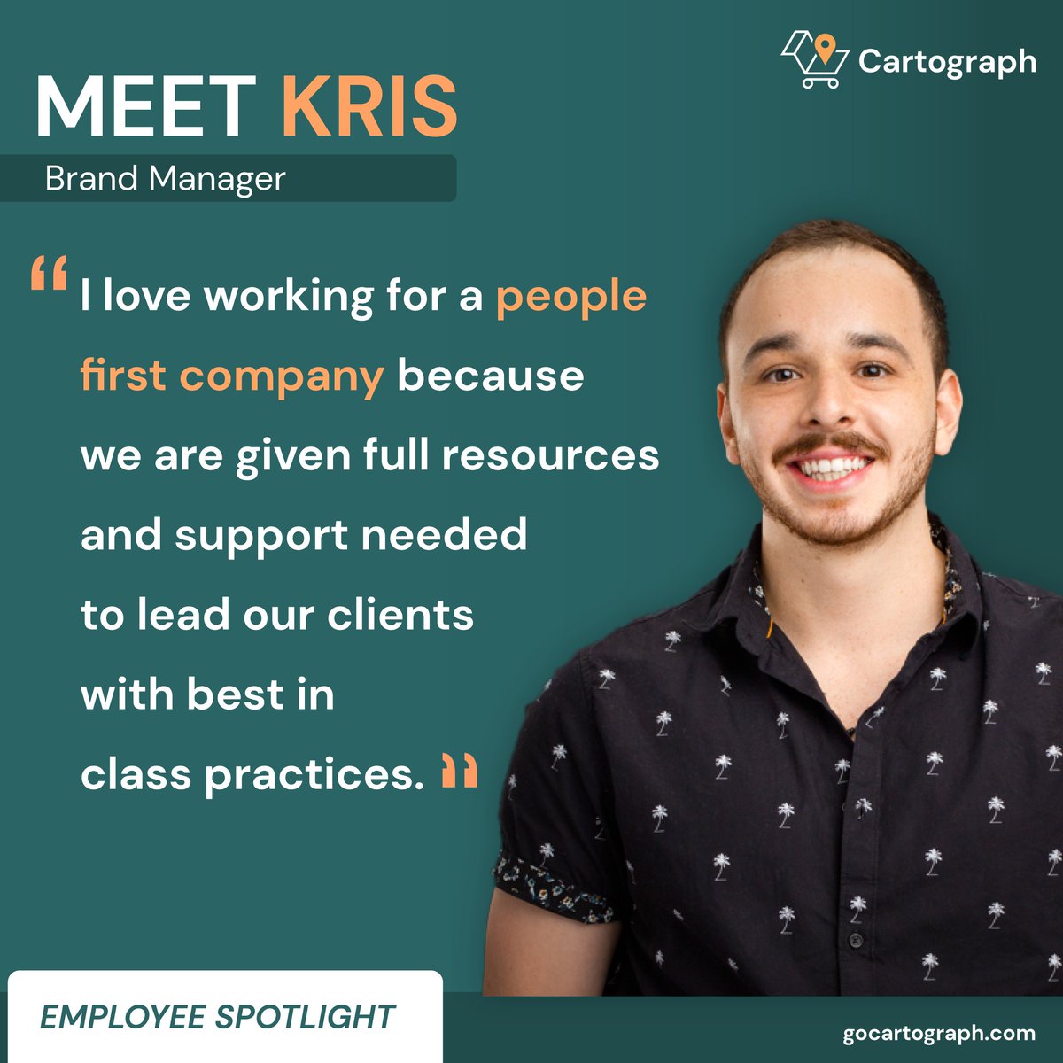 Welcome to the final #CartographSpotlight of the year: Kris! 🙌

Kris is a data-driven eCommerce expert specializing in driving sustainable growth on Amazon! Kris's leadership style embodies Cartograph’s values of caring about teammates as people first, and colleagues second.