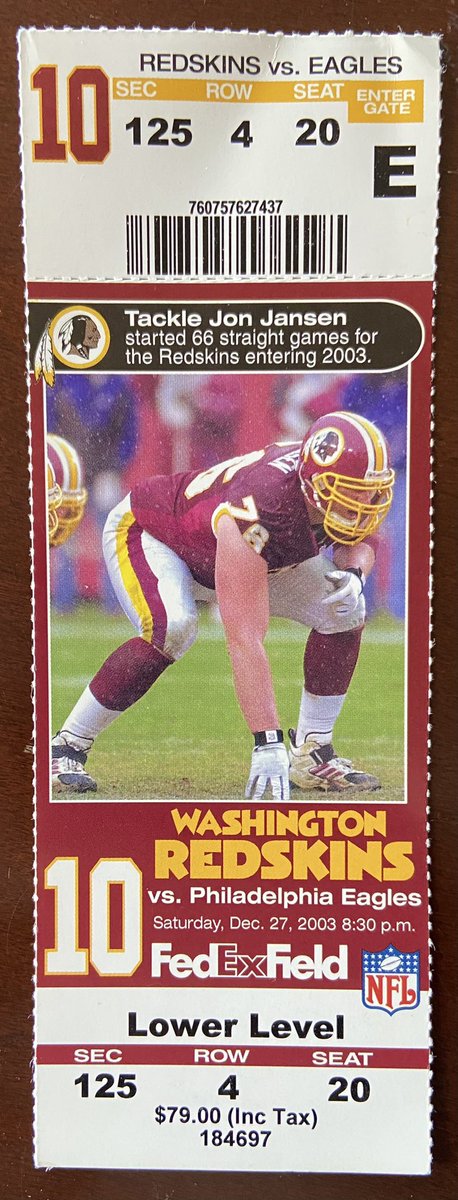 StubsUsed's tweet photo. OTD in 2003 - the Philadelphia Eagles beat the Washington Redskins 31-7 at FedEx Field in Landover, MD. Donovan McNabb completed 23 of 32 passes for 242 yards and three touchdowns and ran for another score, as the Eagles' clinched their third consecutive NFC East title. https://t.co/tMpU5k4ZTp