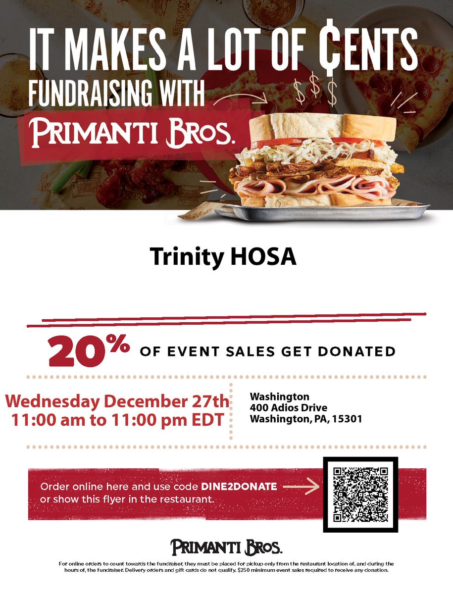 trinityhsHOSA's tweet photo. Don't feel like holiday leftovers today? Join us from 11am - 11pm. Don't forget to mention Hiller HOSA. https://t.co/EopONHqAAr