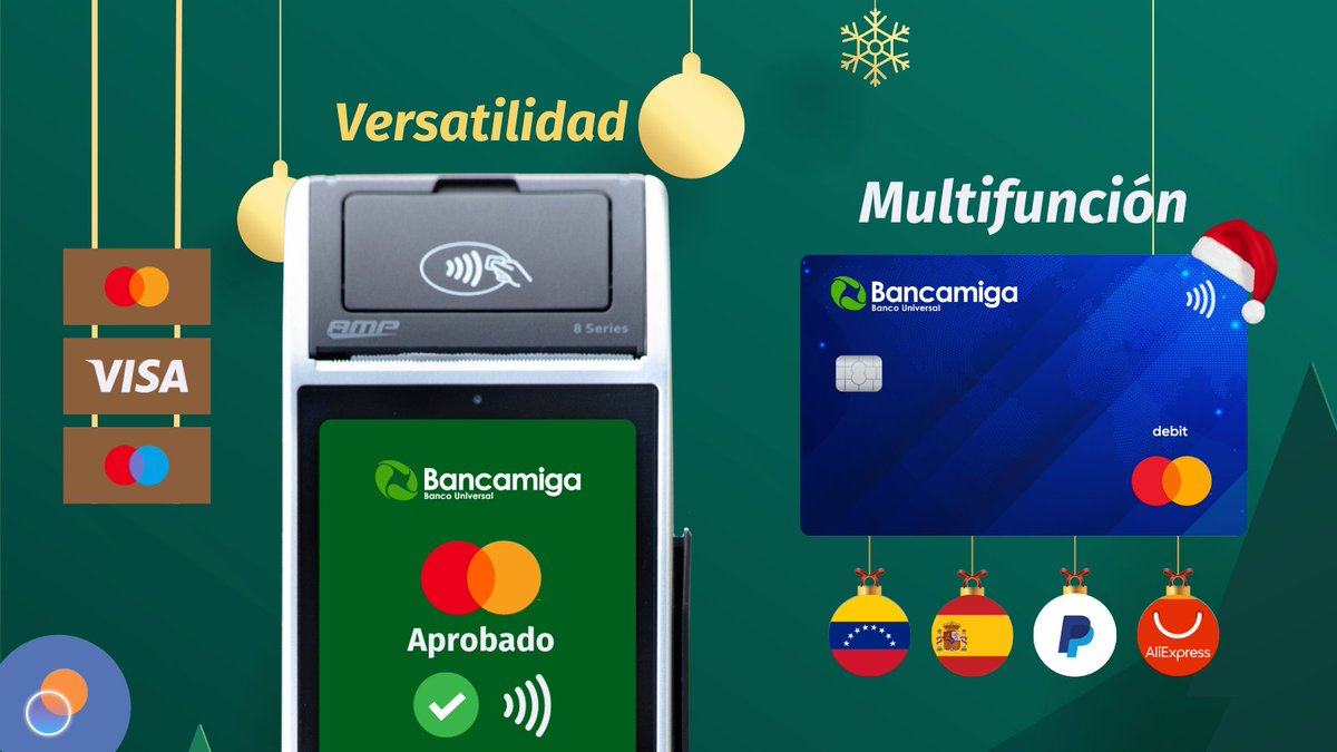NebulaVzla's tweet image. 🎅🏻 La mejor Tarjeta de #Débito 💳 y los Puntos de Venta 📠 más versátiles los tiene #Bancamiga ✅

💳 Tarjeta de Débito Multifunción para uso Nacional/Internacional en tiendas #físicas e #internet.

📠 Puntos de Venta con Recargas, Loterías, #Contactless y Sin Mensualidades.