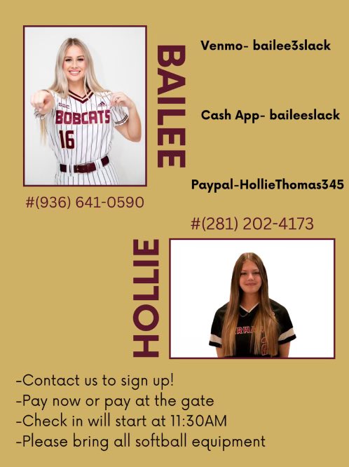 ELITE SOFTBALL CAMP‼️We will still be able to take walk-ins at the gate, but for a better experience and organization, please sign up now. Contact Hollie Thomas (281-202-4173) or Bailee Slack (936-641-0590) for an informational and fun day at the softball field!