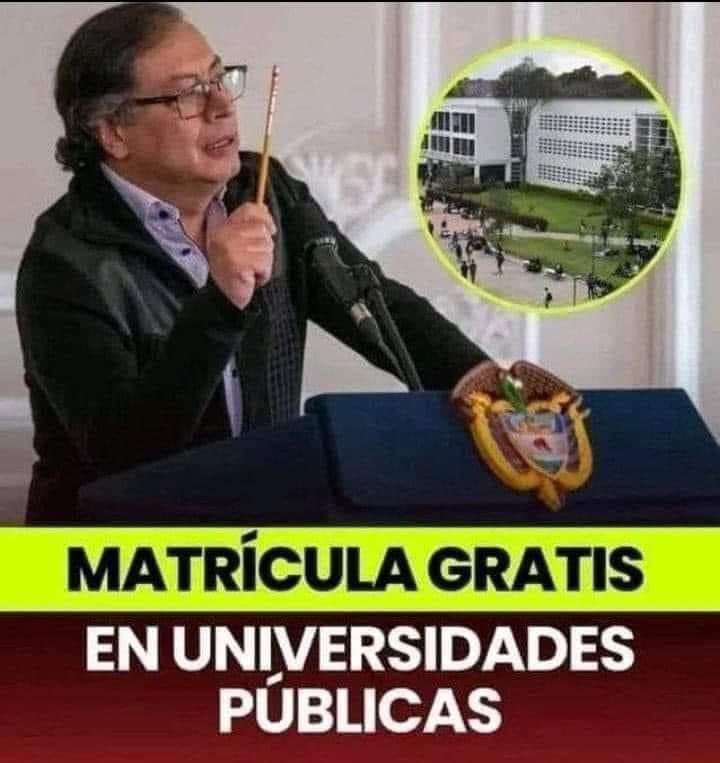 ElizbethCristi7's tweet photo. #CosechandoLogros

🔴ENTÉRESE: LISTADO DE UNIVERSIDADES CON MATRÍCULA CERO:

1. Universidad de Antioquia
2. Universidad del Atlántico
3. Universidad Militar Nueva Granada
4. Universidad de Caldas
5. Universidad del Cauca
6. Universidad Nacional Abierta y a Distancia
7. Universidad de Cartagena
8. Universidad del Magdalena
9. Universidad Nacional de Colombia
10. Universidad de Córdoba ✅
11. Universidad del Pacífico
12. Universidad Pedagógica Nacional
13. Universidad de Cundinamarca
14. Universidad del Quindío
15. Universidad Pedagógica y Tecnológica de Colombia
16. Universidad de la Amazonía
17. Universidad del Tolima
18. Universidad Popular del Cesar
19. Universidad de la Guajira
20. Universidad del Valle
21. Universidad Surcolombiana
22. Universidad de los Llanos
23. Universidad Distrital Francisco José de Caldas
24. Universidad Tecnológica de Pereira
25. Universidad de Nariño
26. Universidad Francisco de Paula Santander - Principal Cúcuta
27. Universidad Tecnológica del Chocó Diego Luis Córdoba
28. Universidad de Pamplona
29. Universidad Francisco de Paula Santander - Seccional Ocaña
30. Universidad Colegio Mayor de Cundinamarca
31. Universidad de Sucre
32. Universidad Industrial de Santander (UIS)
33. Universidad Internacional del Trópico Americano (Unitrópic)
34. Universidad Autónoma Indígena Intercultural.

INSTITUCIONES TÉCNICAS Y TECNOLÓGICAS.

Instituciones técnicas y tecnológicas:

1. Colegio Mayor de Antioquia
2. Escuela Nacional del Deporte
3. Instituto Departamental de Bellas Artes
4. Instituto Universitario de la Paz
5. Conservatorio del Tolima
6. Politécnico Colombiano Jaime Isaza Cadavid
7. Institución Universitaria Bellas Artes y Ciencias de Bolívar
8. Unidad Central del Valle del Cauca
9. Institución Universitaria de Envigado
10. Instituto Superior de Educacion Rural
11. Institución Universitaria Mayor de Cartagena
12. Colegio Mayor del Cauca
13. Institución Universitaria Pascual Bravo
14. Instituto Tecnológico del Putumayo
15. Institución Universitaria de Barranquilla
16. Unidades Tecnológicas de Santander
17. Tecnológico de Antioquia
18. Institución Universitaria Antonio Jose Camacho
19. Instituto Tecnológico Metropolitano (ITM)
20. Tecnológico de Artes Débora Arango
21. Instituto de Educación Técnica Profesional de Roldanillo
22. Instituto Nacional de Formación Técnica Profesional San Juan del Cesar (Infotep)
23. Instituto Nacional de Formación Técnica Profesional San Andrés (Infotep)
24. Instituto Técnico Agrícola
25. Escuela Tecnológica Instituto Técnico Central
26. Instituto Técnico Nacional de Comercio Simón Rodríguez
27. Instituto Tolimense de Formación Técnica Profesional
28. Instituto Nacional de Formación Técnica Profesional - Humberto Velásquez García
29. Colegio Integrado Nacional Oriente de Caldas
30. Institución Universitaria Digital de Antioquia.

Los estudiantes que están estudiando en el antiguo ITSA (Barranquilla), no pagarán matrículas a partir del próximo semestre.

Comenzó la educación gratuita, obligatoria, universal y de alta calidad así, la lucha continúa.