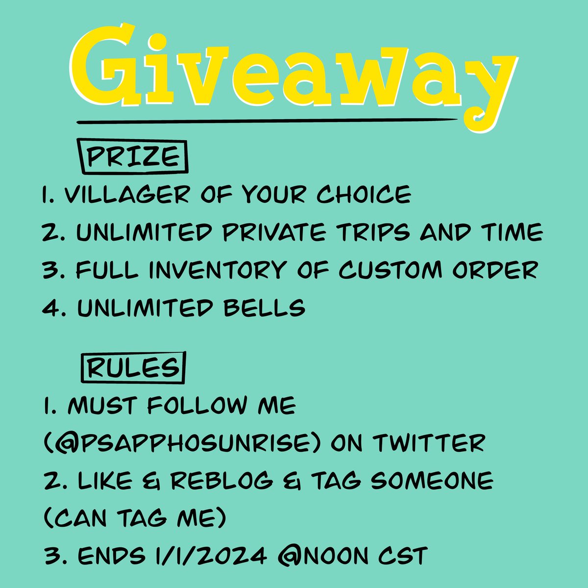 psapphosunrise's tweet photo. Sherwood is having a giveaway!
.
Rules;
1. Must be following me (@psapphosunrise)
2. Like &amp; Reblog
3. Tag someone (can tag me)
4. Ends 1/1/2024 @ noon CST
.
#acnh #acnhtreasureisland #treasureisland #animalcrossing #AnimalCrossingNewHorizons https://t.co/dZtJvmWFNv