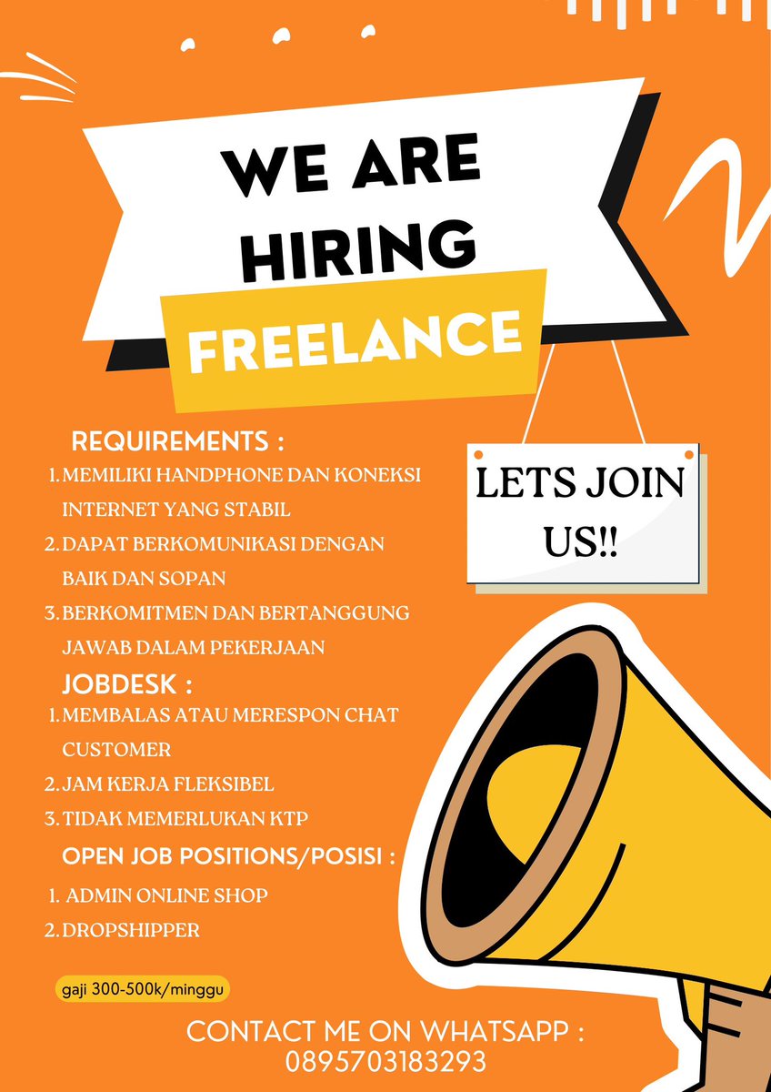 warmfful's tweet image. OPEN RECRUITMENT FREELANCE🙆🏻‍♀️✨
🔥Posisi yang dibutuhkan:
- Admin Online
- Dropshipper
🔥Keterangan :
- Kerja online bisa dimanapun dan kapanpun, WFH, jam kerja fleksibel
- Worth it cocok untuk pelajar SMA, mahasiswa, siapapun yang lagi nyari uang tambahan
💸PENGHASILAN 300-500k