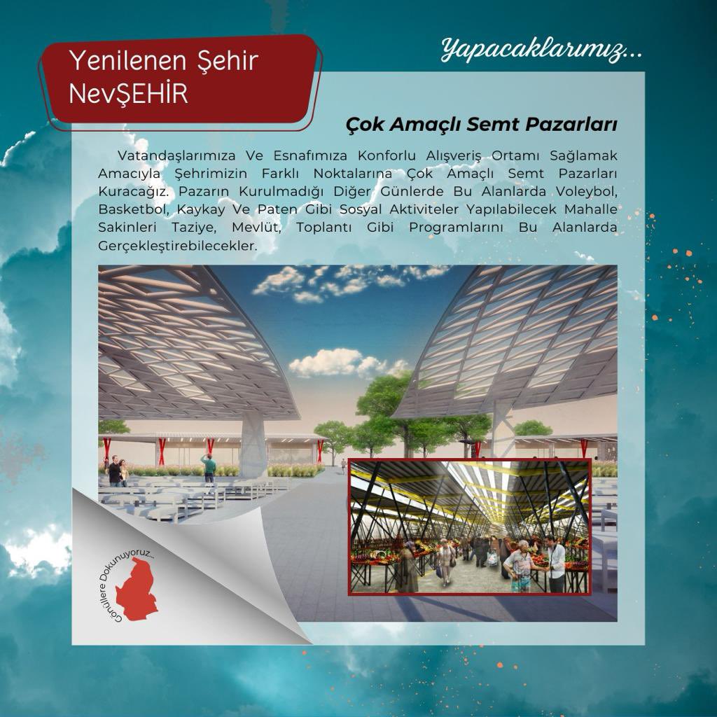 Çok Amaçlı Semt Pazarları:

Vatandaş ve esnafımıza konforlu alışveriş ortamı sağlamak amacıyla şehrimizin farklı noktalarına çok amaçlı Semt Pazarları kuracağız. Pazarın kurulmadığı zamanlarda da bu alanları vatandaşlarımızın hizmetine açacağız.
#50VizyonProje