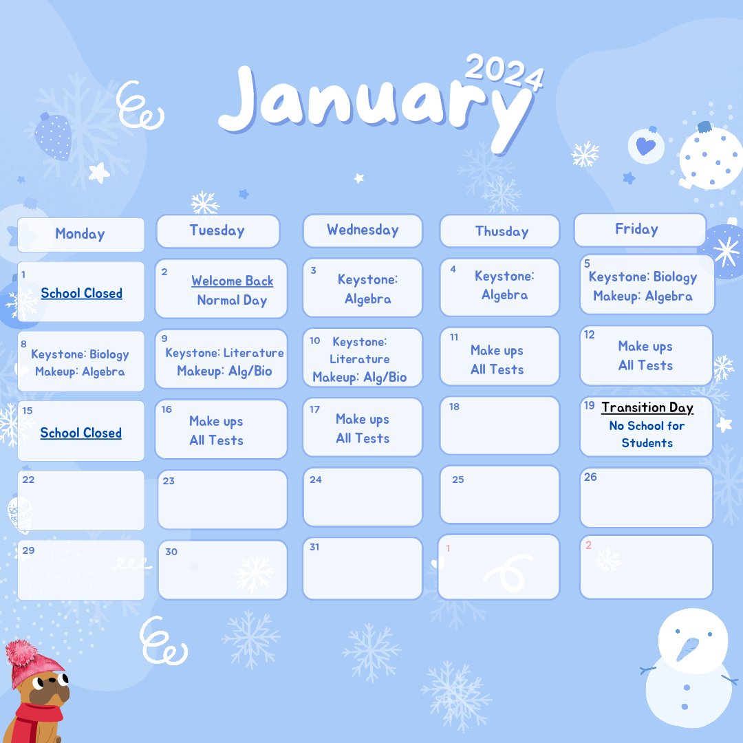 ESASDHSNORTH's tweet image. We hope you're enjoying your break but we need to remind students and parents, Keystones start January 3.

For testing AM MCTI students report to the cafeteria during homeroom, then to testing locations. Take some time for yourself today, enjoy break. #NorthFamily #NorthStrong