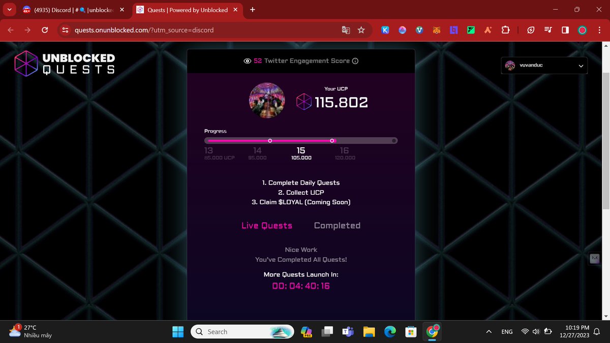 vuvanduc94's tweet photo. Who else got 100k+ UCP already by questing daily at https://t.co/J29grIl98p Make sure to follow
@onunblocked
and join us on discord for a chance to win exclusive rewards π https://t.co/zZau9hFylXβ¦ #Web3gamingπ· #farming #Wednesday #Quest #web3community #web3Xmas #Xmas https://t.co/e7WoLuhNSr