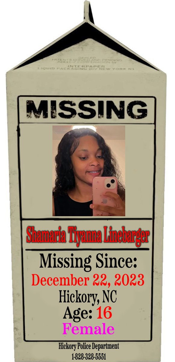 P_MilkCarton's tweet image. 🚨🚨🚨 MISSING CHILD 🚨🚨🚨

Shamaria Tiyanna Linebarger
Age: 16
Missing Since: 12/22/23
#Hickory, #NorthCarolina 

Please Call If You Have Information:

Hickory Police Department
1-828-328-5551

#ProjectMilkCarton 
#MissingChildren 
#BringThemHome