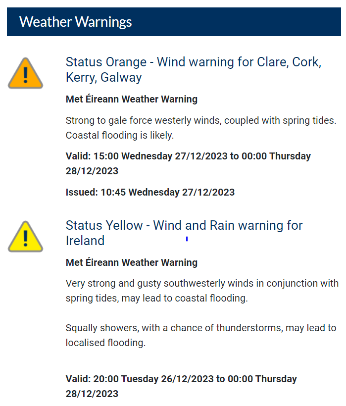 countykerry's tweet image. ⚠️#StormGerrit 

Weather warnings for #Kerry until midnight  

ORANGE: Very strong winds, coastal flooding likely  

YELLOW: Rain with localised flooding 

Avoid exposed and coastal areas, expect fallen trees and flooding on roads 

066 7183588 to report issues