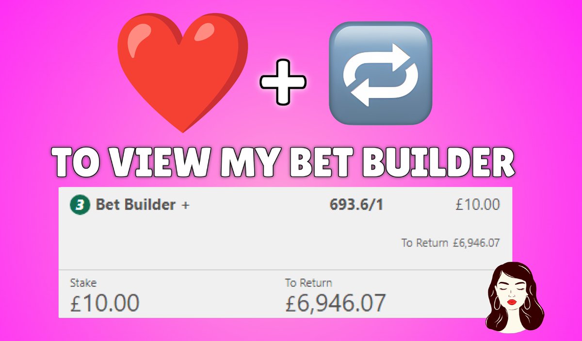 Good afternoon everyone 🫶

Who wants me to post this 693/1 monster bet builder tonight?🔥

£10 returns £6,946 😍

Everybody who ❤️ and retweets this tweet will be able to see my bet builders today! 👀

Turn my notifications on and drop me a follow to receive my tips for free🔔