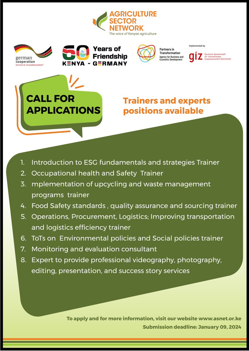 AsnetKenya's tweet photo. CALL FOR EXPRESSION OF INTEREST: #ikokazi For full details and terms of reference visit our website. https://t.co/isOuK0te2x. The deadline for application is Jan 09, 2024 at 5.00 pm. SupplyChainDueDiligence #SustainabilityToday #EastAfricanAgriculture #PartnersinTransformation https://t.co/E3OS7gXyGL