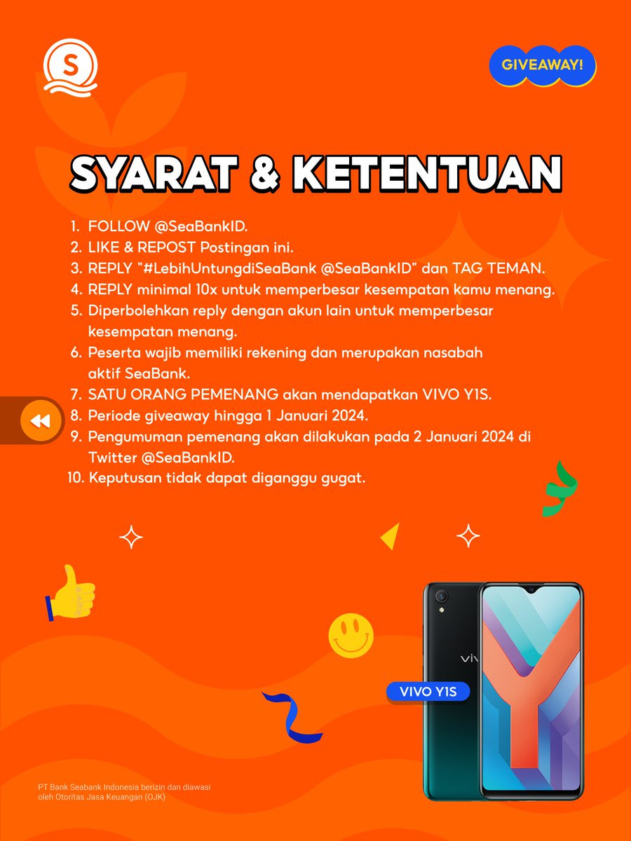 📣GIVEAWAY HADIAH BARU: VIVO Y1S📣
FOLLOW, RT &amp; REPLY!

Dicari calon pemenang dengan kriteria: 
1. FOLLOW @SEABANKID 
2. LIKE &amp; RT Tweet ini
3. REPLY "#LebihUntungdiSeaBank @SEABANKID" minimal 10x 
4. TAG TEMAN KAMU!

Lebih lengkap cek di slide 2 ya 🥰