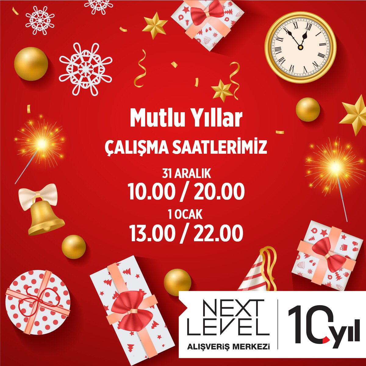 nextlevelavm's tweet photo. Saatlerimiz yeni yılın mutluluğu için alarm veriyor! ⏰ 31 Aralık ve 1 Ocak tarihlerinde açılış ve kapanış saatlerimizi geçici olarak yeniden düzenledik. 
#nextlevelavm https://t.co/3BwDi1c4g1