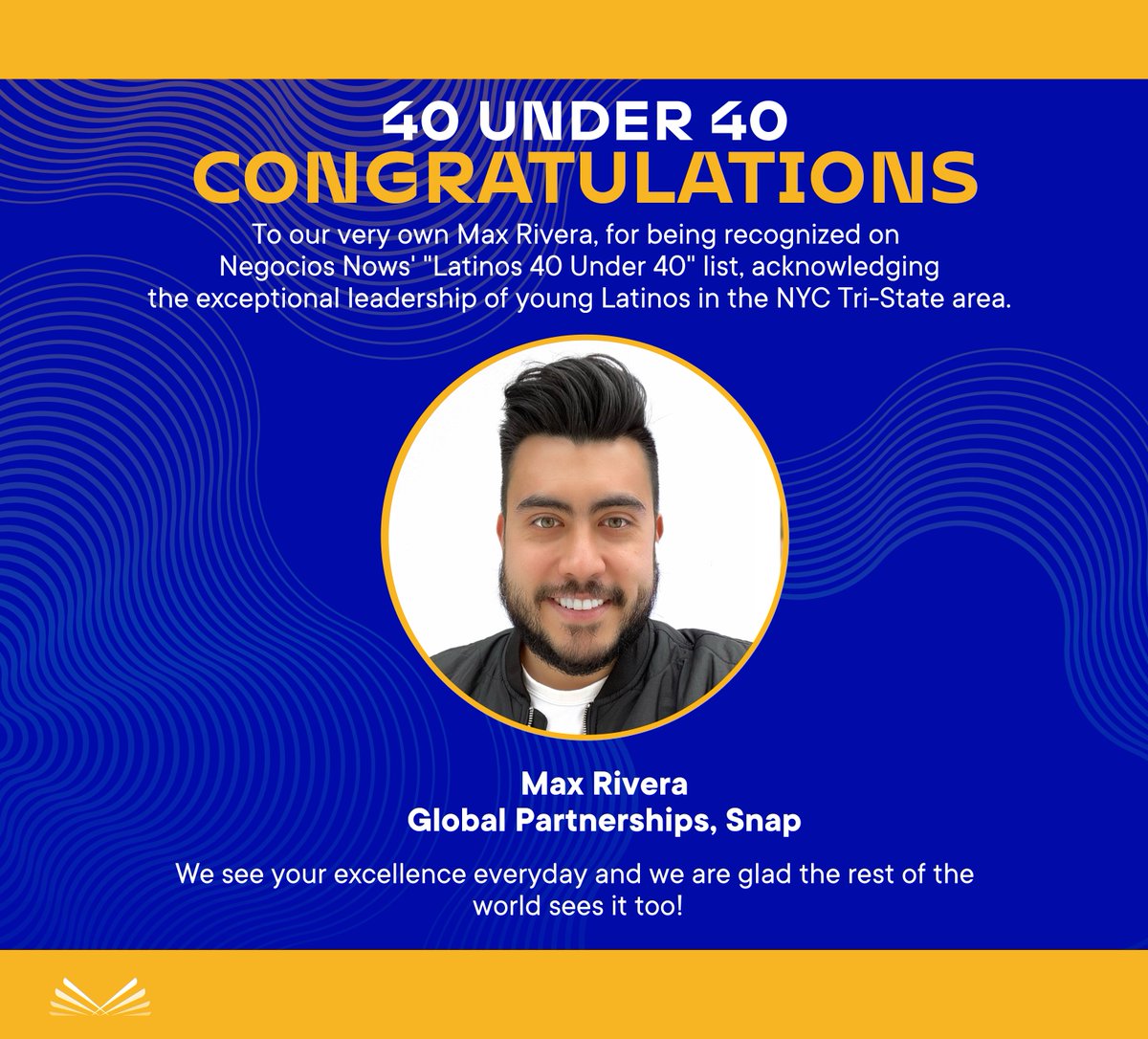 Congrats to our very own Max Rivera, who has been recognized on the @NEGOCIOSNOW 'Latinos 40 Under 40' list, highlighting the exceptional leadership of young Latinos in the NYC Tri-State area. View the full list here: negociosnow.com/negocios-now-u… #Latinos40Under40 #angelesmembers