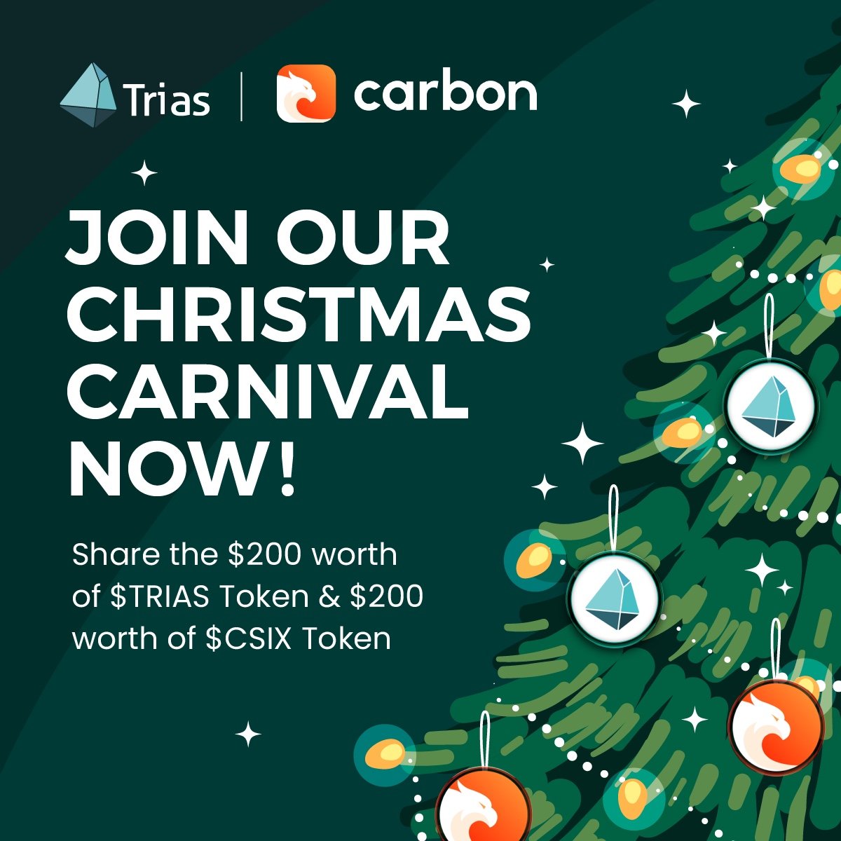CrVnsh's tweet photo. Giveaways:
🎄✨ Participate in @trycarbonio × #TaskOn #Taskmas Carnival to Win BIG!
🎁 Join the campaign to share a 14,000 $CSIX prize pool and unlock exciting opportunities for epic rewards!
🚀 Claim points to stand a chance to win 60,000+ $USDT!
More informations here: https://t.co/II0U9aP27q
🎄Christmas Carnival with #Trias and #CarbonBrowser
$TRIAS AND $CSIX gave away $200 worth of $TRIAS and $CSIX tokens!
Giveaway is over!