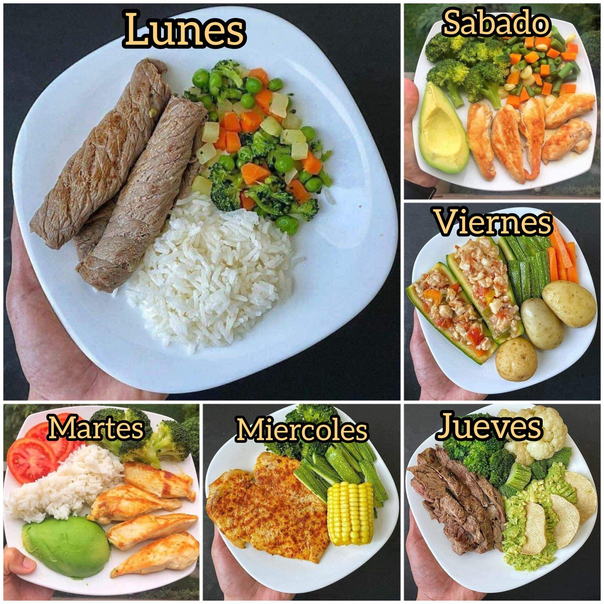 NutriologoGiron's tweet photo. Almuerzos para tu semana

Lunes
-carne asada
-verduras cocidas
-arroz

Martes
-pechuga a la plancha
-arroz
-aguacate
-verduras

Miércoles
-Pechuga
-elote
-verduras

Jueves
-carne asada
-guacamole
-verduras

Viernes
-calabaza rellena de atún
-verduras
-papas cocidas

Sábado
-trozos de pechuga
-aguacate
-verduras