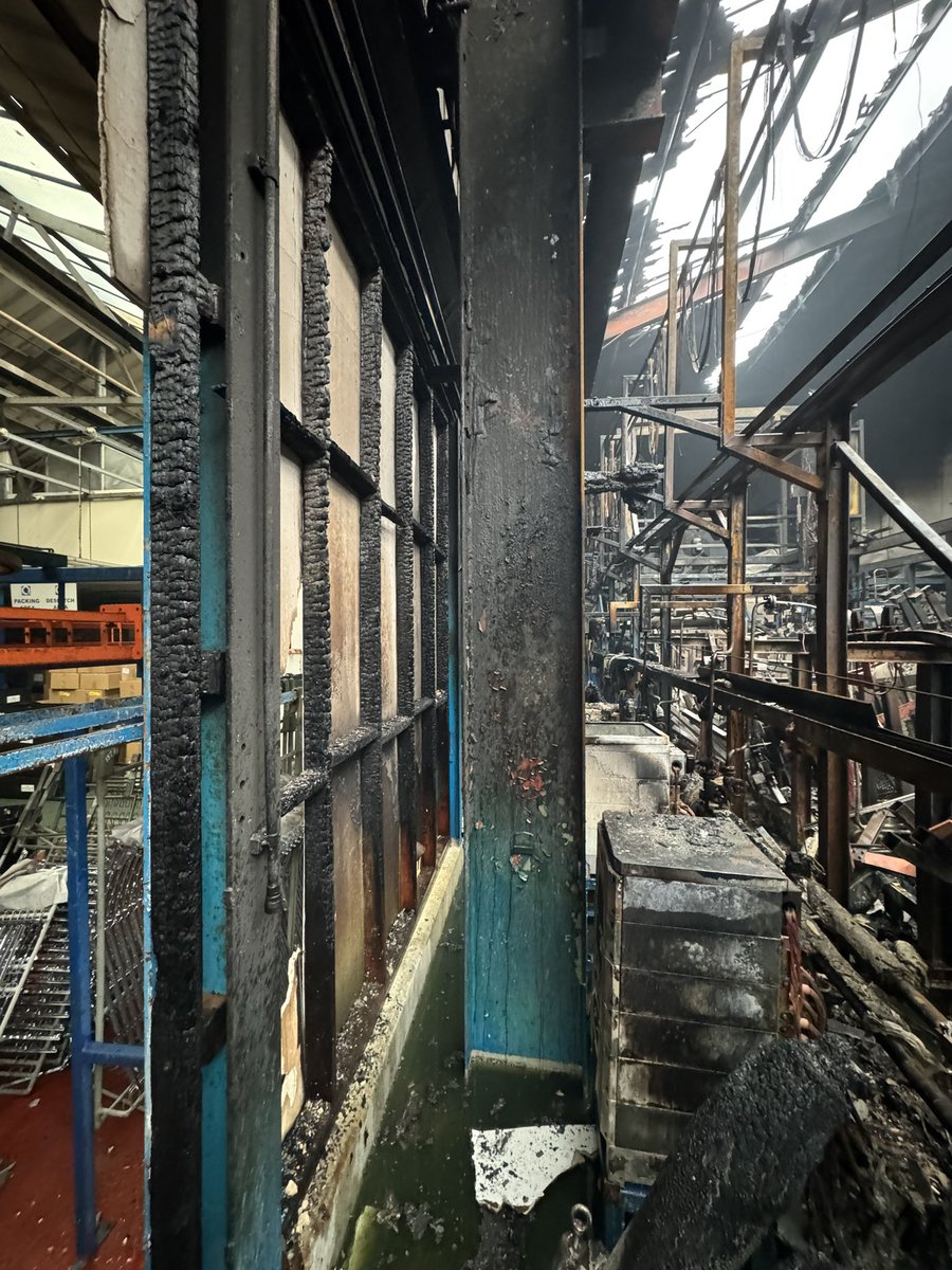 Fire in factory unit Great Barr. 10 fire appliances dealt with and Technical Rescue Unit now removing some partitioning walls to check for any fire spread. View from hydraulic platform