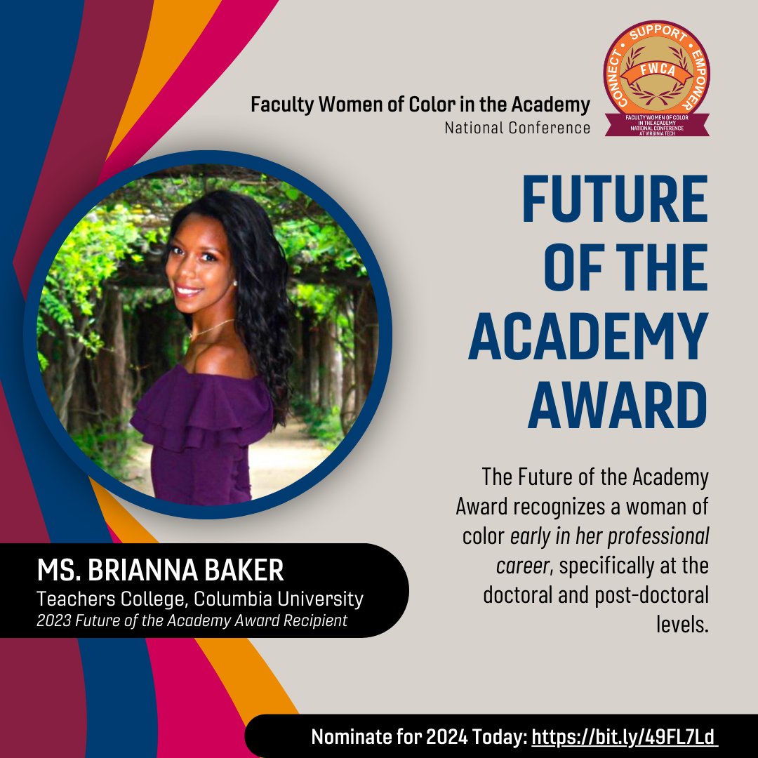 vtfwca's tweet photo. Hey, FWCA Fam!👋 Do you know an outstanding fellow woman of color early in her professional career? Consider nominating them for the FWCA 2024 Future of the Academy Award! 💙

#FWCA #FWCA2024 #FWCA2024Award #Awards #HigherEd #HigherEducation #WomenInAcademia #ProfDev #Education https://t.co/cL8D4DbqBv
