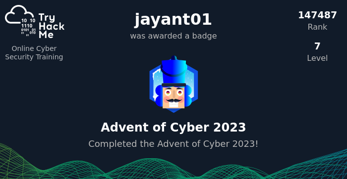 Jayant01agarwal's tweet photo. I've earned the Advent of Cyber 2023 Badge on TryHackMe for Completed the Advent of Cyber 2023!  https://t.co/WLMbRdxlCz #tryhackme via @tryhackme https://t.co/bwd6YaGk61