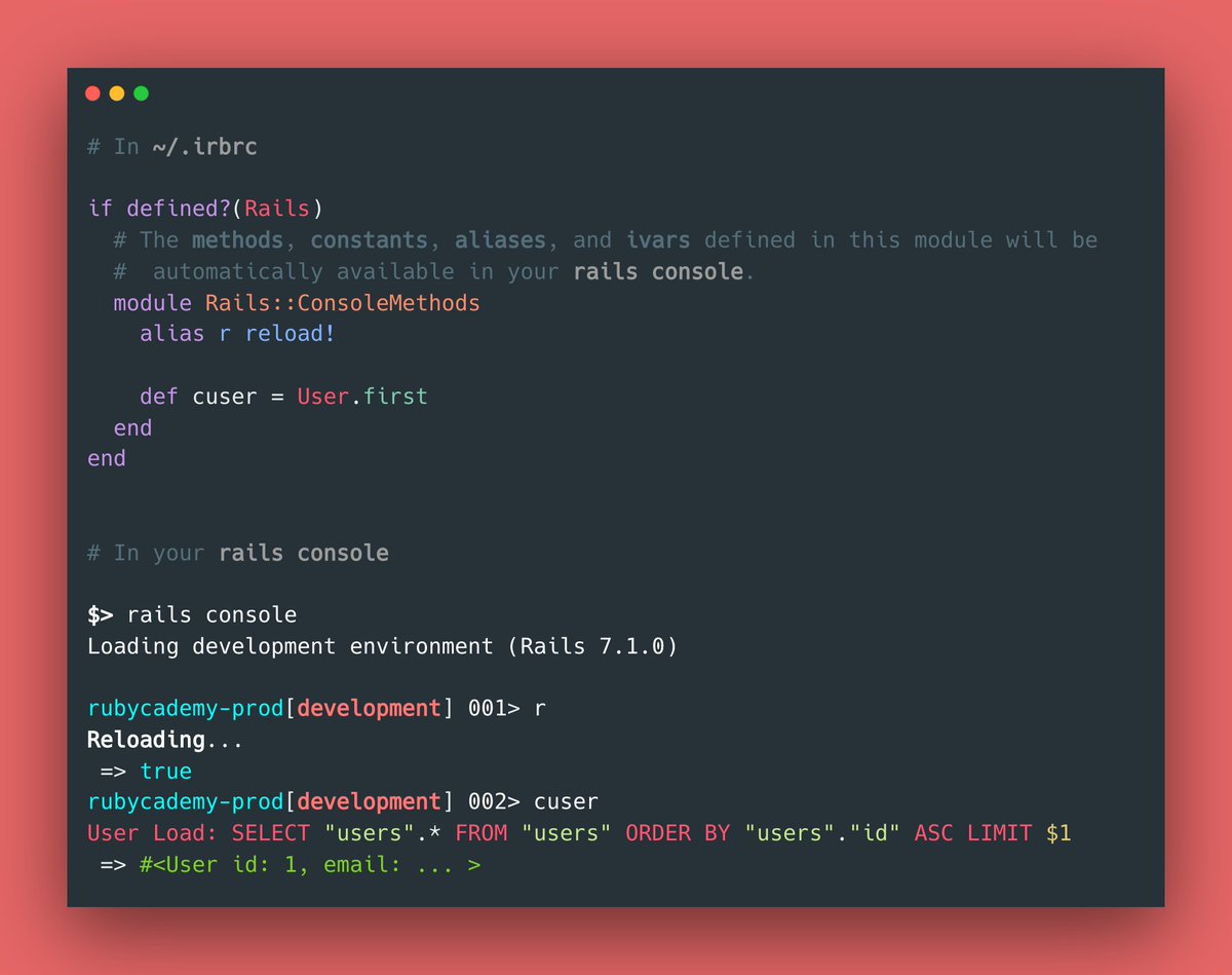 RubyCademy's tweet image. 🕹️ RAILS CONSOLE TIPS 🕹️
Make your custom
➡️ instance variables
➡️ methods
➡️ constants
➡️ and aliases
instantly accessible in the Rails Console! ✨💫
Perfect for speedy actions. 🚀
#rubyonrails #railsconsole