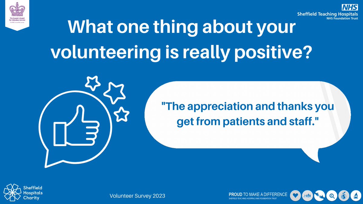 It's #FeedbackFriday and we're sharing what our amazing volunteers think about volunteering @SheffieldHosp from our latest Volunteer Survey. With big thanks to @SHCFundraising for supporting the volunteer team. #SYVolunteering @NHSEngland @vasnews @help_force