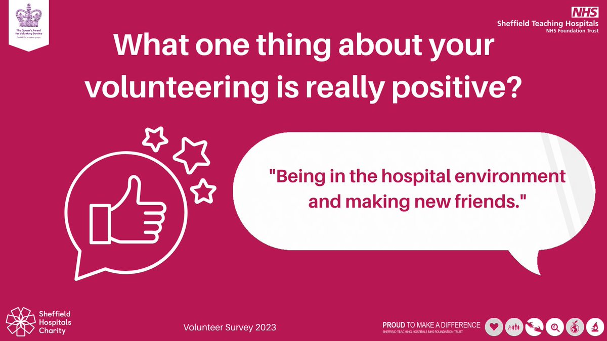 It's #FeedbackFriday and we're sharing what our amazing volunteers think about volunteering @SheffieldHosp from our latest Volunteer Survey. With big thanks to @SHCFundraising for supporting the volunteer team. #SYVolunteering @NHSEngland @vasnews @help_force