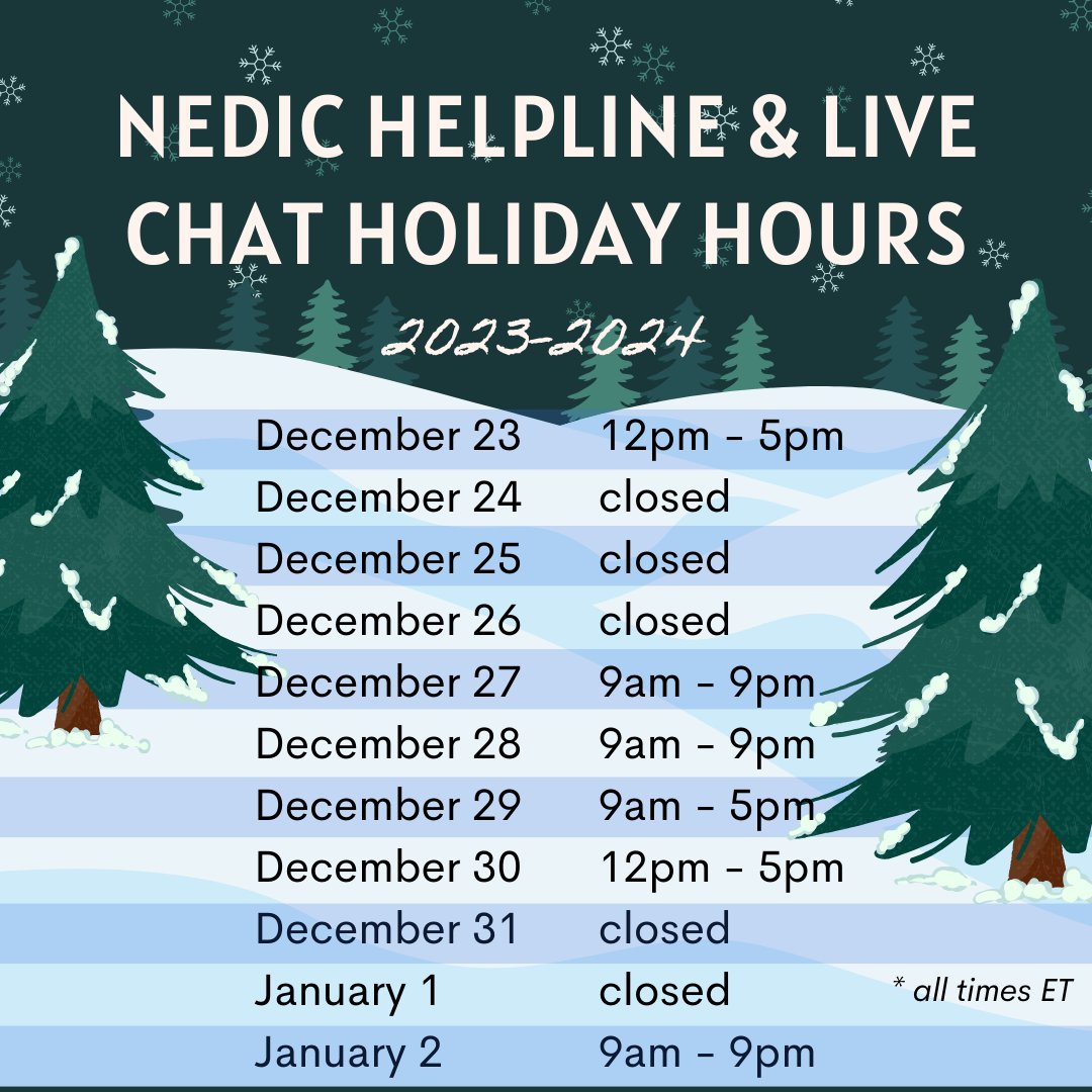 National Eating Disorder Information Centre (@thenedic) on Twitter photo We're open 9am - 9pm today, with limited hours until Jan 2. Leave a voicemail (1-866-633-4220), a chat message at NEDIC.ca, or email (nedic@uhn.ca) and we'll get back to you ASAP. Resources for holiday stressors: nedic.ca/blog/resources… We're open 9am - 9pm today, with limited hours until Jan 2. Leave a voicemail (1-866-633-4220), a chat message at NEDIC.ca, or email (nedic@uhn.ca) and we'll get back to you ASAP. Resources for holiday stressors: nedic.ca/blog/resources…