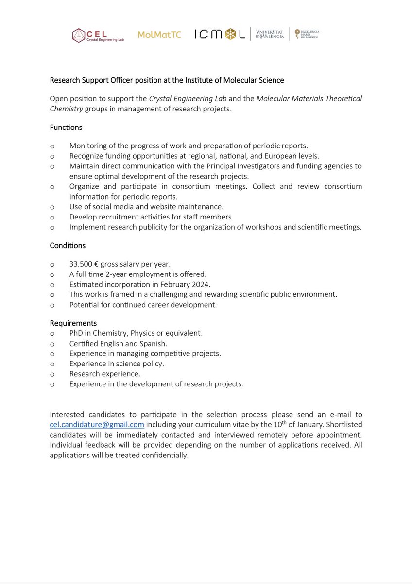 We are hiring!!! 
We have 2 open positions to work with us at @ICMol_UV 
👉🏻1 Postdoctoral position to work on #MOFs-based biocomposites and 
👉🏻1 Research support officer position
RT appreciated
#chemtwitter #chemjobs #MOFs
More details here ⬇️