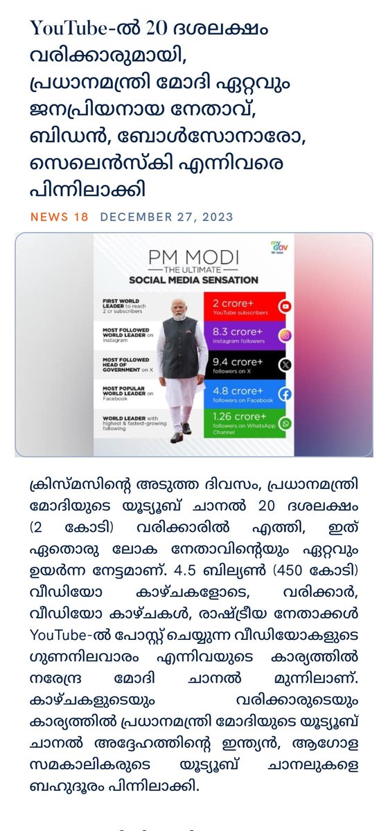 BinukumarB8's tweet photo. YouTube-ൽ 20 ദശലക്ഷം വരിക്കാരുമായി, പ്രധാനമന്ത്രി മോദി ഏറ്റവും ജനപ്രിയനായ നേതാവ്, ബിഡൻ, ബോൾസോനാരോ, സെലെൻസ്‌കി എന്നിവരെ പിന്നിലാക്കി 
https://t.co/zhbywrtI7A

via NaMo App https://t.co/YKwG9IG9Yc