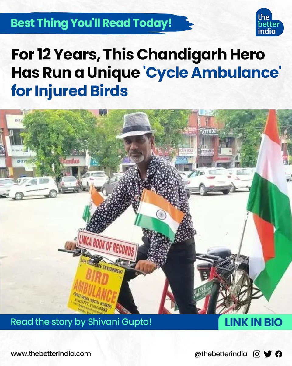You will find Manjit Singh on Chandigarh streets every morning on his bicycle, carrying a board 'Bird Ambulance' to treat injured and sick birds. 

#ManjitSingh #BirdAmbulance #Chandigarh #HumanitarianWork #BirdRescue #CaringForWildlife #EnvironmentalAwareness #BirdConservation