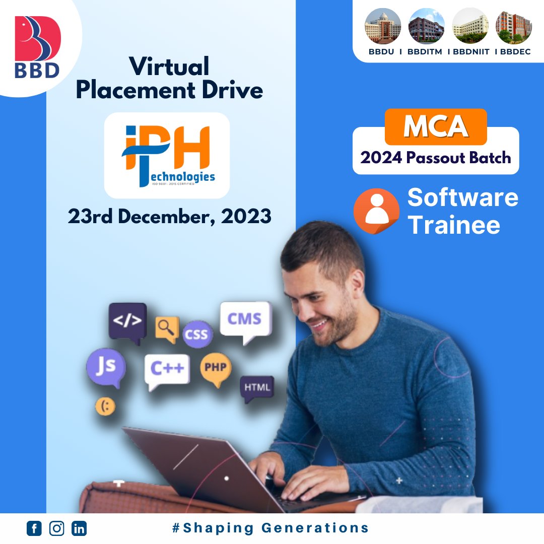 BBD_UNIVERSITY's tweet image. Looking back on our successful Virtual Placement Drive held on 23rd December 2023 for the 2024 Batch passouts! We had the privilege of hosting #AxisBank, #Acmegrade, and #IPHTechnologies

 #BBDGroup. #CampusPlacement #JobOpportunity #TechGeek